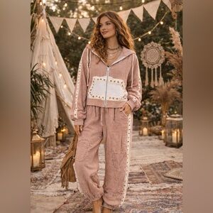 🆕 POL SET Free Spirit Studded Zip-Up:DUSTY ROSE,MUTED BLUSH Hoodie & Jogger NWOT